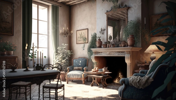 Fototapeta Mediterranean style living room interior design illustration created using generative AI.