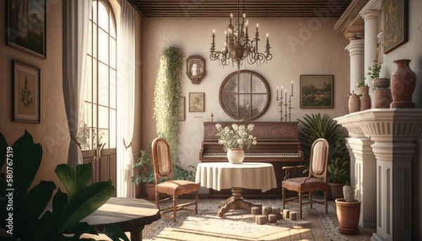Fototapeta Mediterranean style living room interior design illustration created using generative AI.