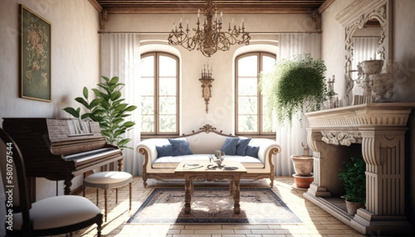 Fototapeta Mediterranean style living room interior design illustration created using generative AI.