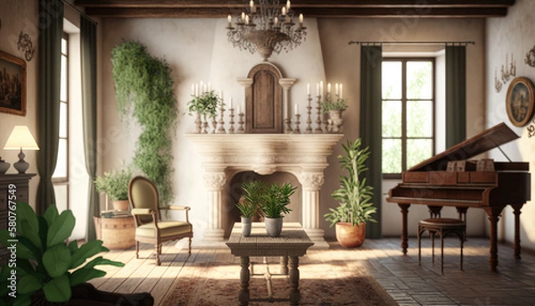 Fototapeta Mediterranean style living room interior design illustration created using generative AI.