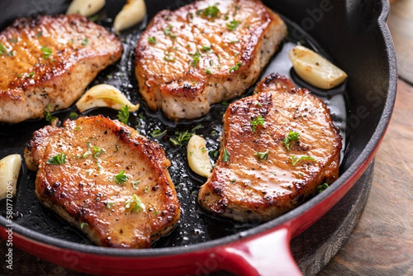 Fototapeta Pork chops cooked in a cast iron pan
