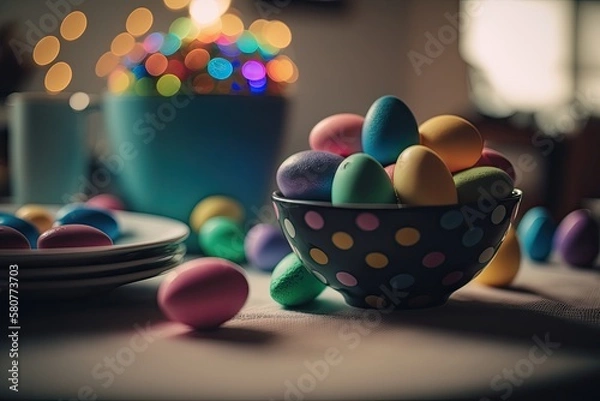 Fototapeta Celebrate Easter Sunday with a Colorful Bokeh Photo - AI generated