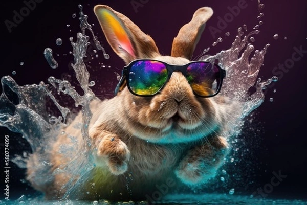 Fototapeta Hip Hop Hare: Easter Bunny in Cool Shades and Colorful Splash - AI generated