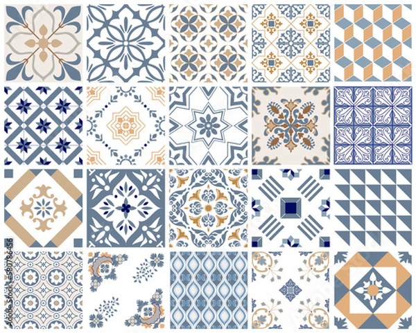 Obraz Traditional decorative color  portuguese set of seamless vector patterns. The tile is azulejo. Geometric patterns and backgrounds for your design. Vector illustration.