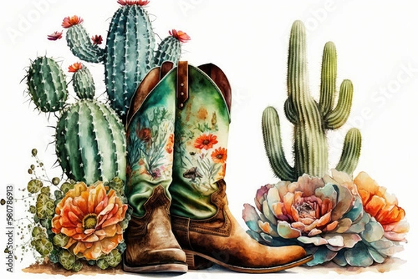 Fototapeta cowboy boots cacti and flowers, Watercolor, White background, generative AI  finalized in Photoshop by me