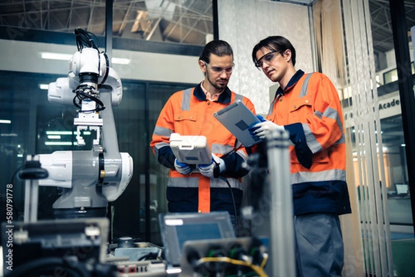 Fototapeta Multiracial tachnicial engineer training with robot arm