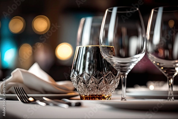 Obraz Low angle camera shot Empty glasses set in restaurant