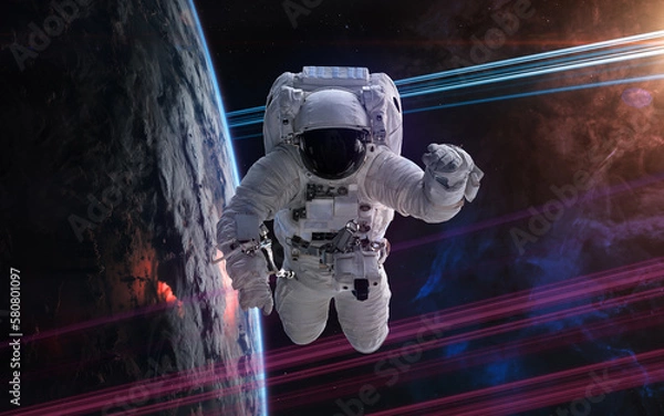Fototapeta Astronaut in orbit of deep space planet. Science fiction. Elements of this image furnished by NASA