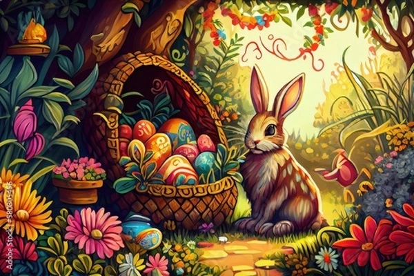 Fototapeta Easter Bunny Rabbit Basket Decorated Colorful Easter Eggs Egg Illustrated Illustration Vector Art Sun Flowers Trees Morning Background Image
