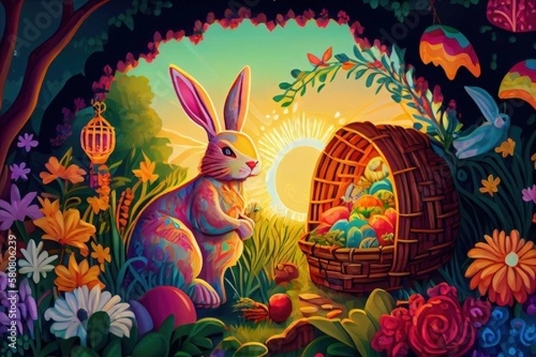 Fototapeta Easter Bunny Rabbit Basket Decorated Colorful Easter Eggs Egg Illustrated Illustration Vector Art Sun Flowers Trees Morning Background Image	
