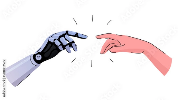 Fototapeta Vector illustration depicting human and robot hands reaching for each other. The robot and the person extend their hands to each other. Collaboration between humans and robots. Modern technologies.