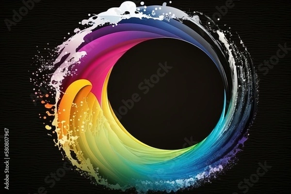 Fototapeta Colorful cartoon wave with empty circle frame with space for text. Creative liquid ocean waves black background