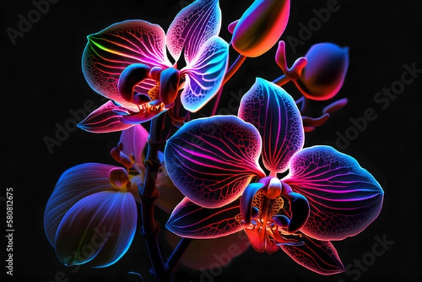Fototapeta Fluorescent orchid. Neon glowing orchid. AI generation