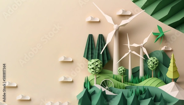 Fototapeta Green renewable energy poster with wind turbines and paper art natural landscapes, Reduced CO2 emission by year 2050, generative ai
