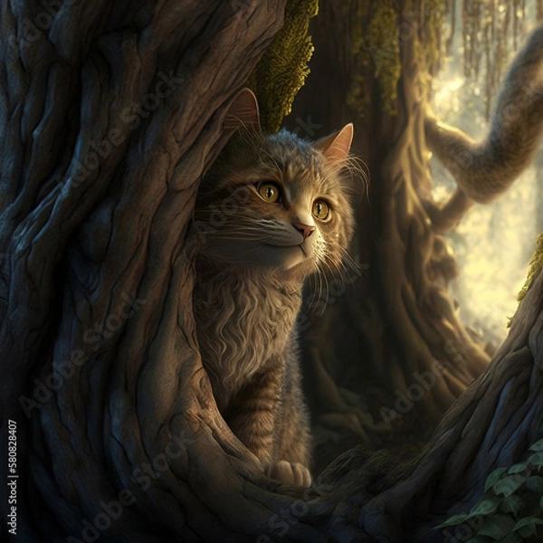 Obraz cat in a tree in the middle of the forest, cat illustration puppy generated with AI