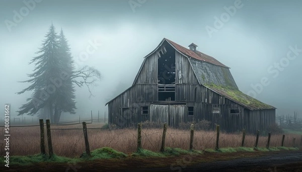 Fototapeta An old abandoned barn in the foggy rain of the countryside of the Pacific Northwest. Generative AI.