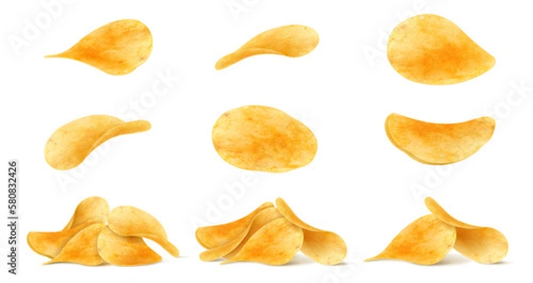 Fototapeta Set of potato chips close-up on an isolated white background. Realistic 3D vector illustration. Can be used for for advertising, package or promo ads, delicious food, ripple meal