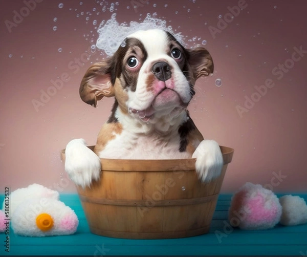 Obraz puppy dog in tub with foam, dog taking a bath, AI-generated illustration