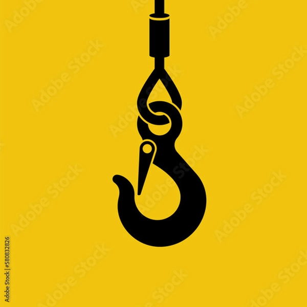 Obraz Black icon on a yellow background lifting hook with rope. Lifting large loads. Industrial steel hook tower crane. Vector illustration flat design.