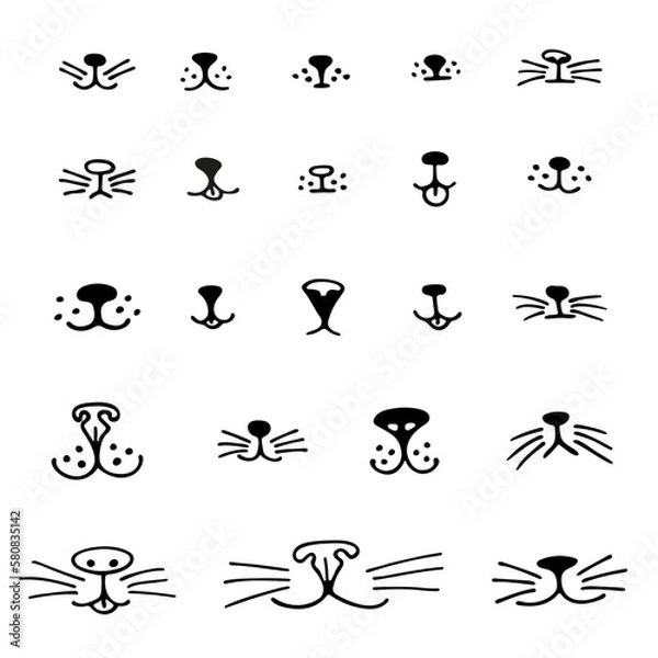 Fototapeta Big set of animal noses. Cute and funny sketched face of cat, dog, rabbit. Hand drawn vector for pet shop logo, animal care and posters.