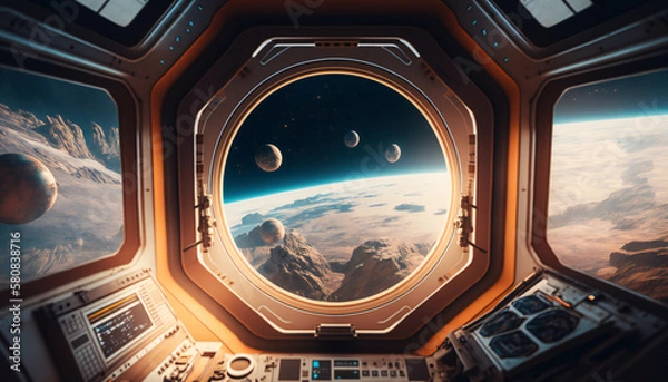 Fototapeta Space station with a view into space - Space wallpaper - Generative AI