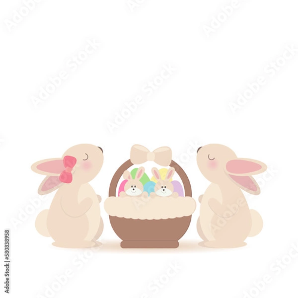 Obraz Easter rabbits in a basket. Painted eggs. Vector illustration.