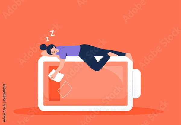 Fototapeta A young woman feels weak and tired. Low energy level. Emotion exhaustion and burnout at work. Vector flat illustration isolated on the white background.