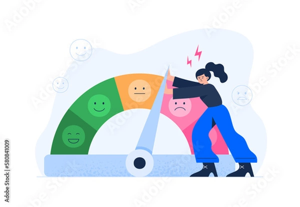 Fototapeta A young woman tries to push a stress level. Emotion exhaustion and burnout at work. Vector flat illustration isolated on the white background.