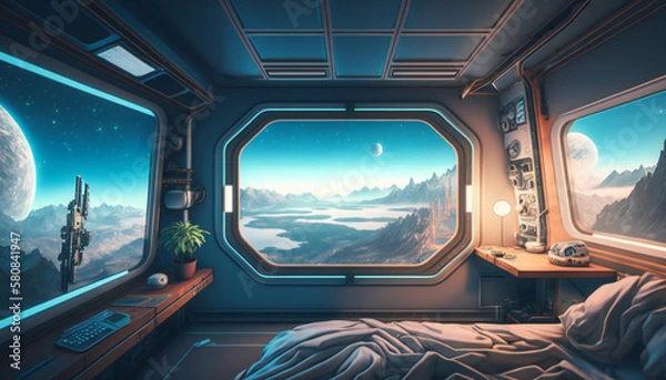 Fototapeta Bedroom in Space station with a view into space - Space wallpaper - Generative AI