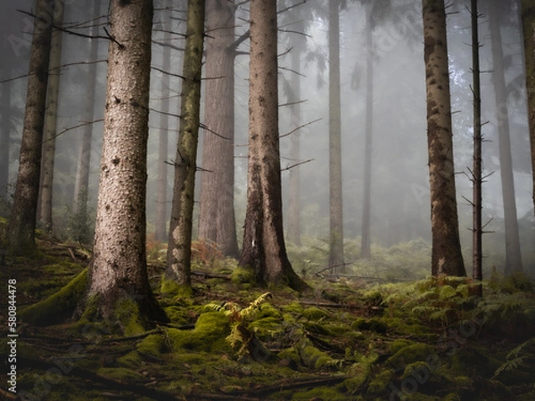 Fototapeta A dark mossy foggy forest view 1