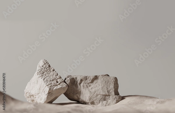 Fototapeta 3D background. Podium, stone display. Beige luxury backdrop with desert sand. Minimal pedestal for beauty, cosmetic product presentation. Dune mockup with sun shadow. Summer template, studio 3d render
