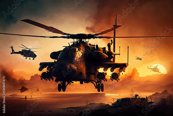 Fototapeta Military soldiers in the air with parachute in dust at desert, generative artificial intelligence