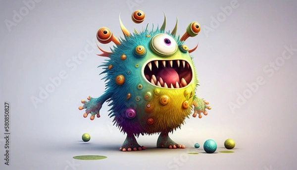 Obraz Cute cartoon monster with big eye looks up in surprise and wide open mouth with teeth