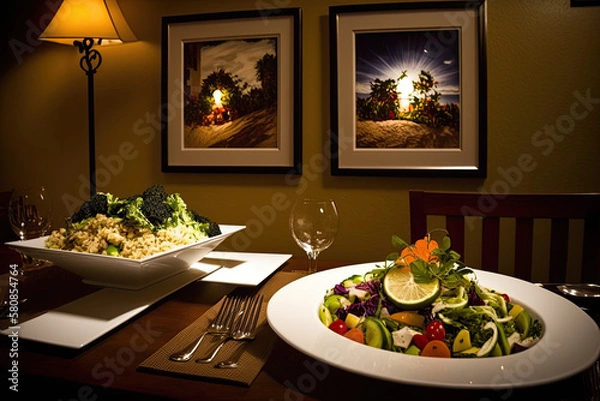 Fototapeta  salad and side dishes red wine restaurant , generative artificial intelligence 