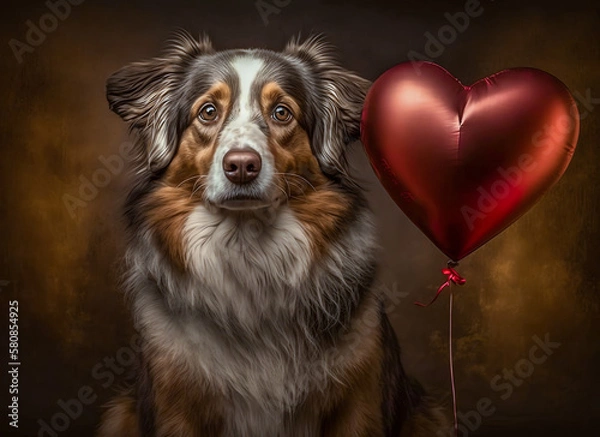 Obraz Australian Shepherd Dog with Gold Heart Balloons, Cute Pet, Copy Space for Text, Anniversary, Pet Day, Valentine, Valentine's Day, Greeting, Banner, Wallpaper, Generative AI
