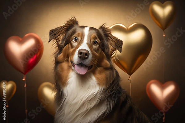 Obraz Australian Shepherd Dog with Gold Heart Balloons, Cute Pet, Copy Space for Text, Anniversary, Pet Day, Valentine, Valentine's Day, Greeting, Banner, Wallpaper, Generative AI