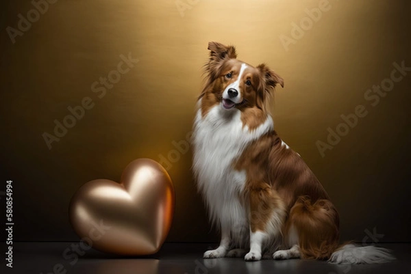 Obraz Australian Shepherd Dog with Gold Heart Balloons, Cute Pet, Copy Space for Text, Anniversary, Pet Day, Valentine, Valentine's Day, Greeting, Banner, Wallpaper, Generative AI
