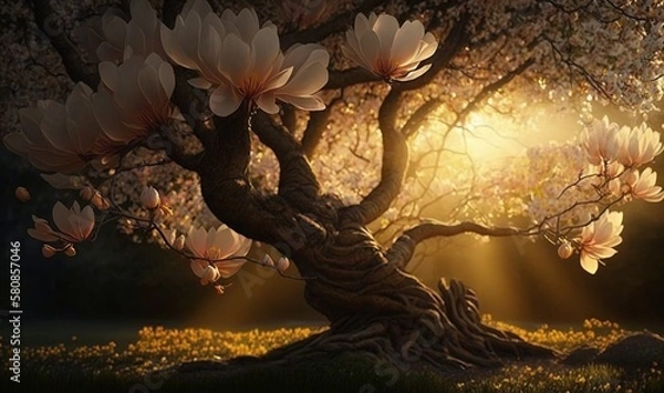 Fototapeta  a painting of a tree with flowers in the sun rays.  generative ai