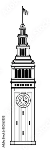 Obraz Ferry Building Clock Tower in San Francisco, California vector illustration black and white line art