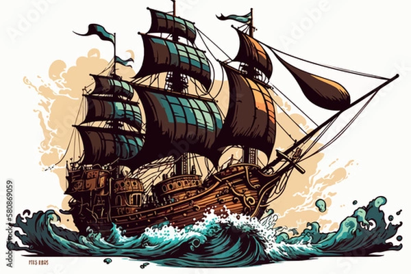 Fototapeta pirate ship sailing, vector illustration