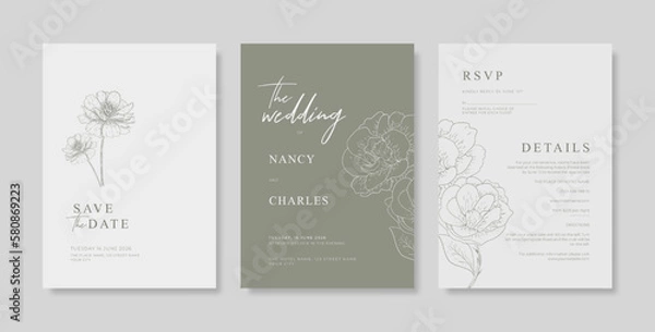 Fototapeta Wedding invitation template with engraved leaves. trendy modern wedding invitation template. beautiful wedding card template