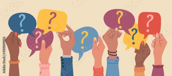 Obraz Human hands holding speech bubbles with questions marks. FAQ and questions concept. Hand drawn vector vector illustration isolated on light background. Modern flat cartoon style.