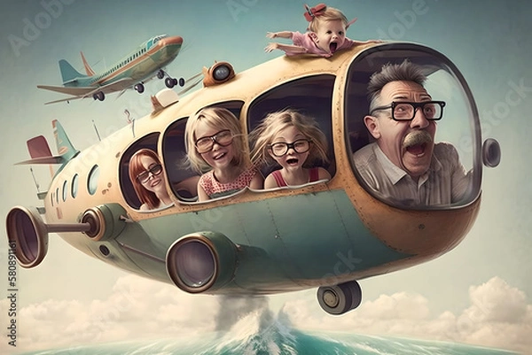 Fototapeta Funny cartoon of a weird family going on a vacation trip literally on top of a plane wing, or inside like a big car. Funny and sweet family love