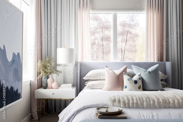 Obraz bed room with family, dark bed room, bed room night, empty bed room, bed room wall, room setting, bed setting, bed room, setting generative ai tool