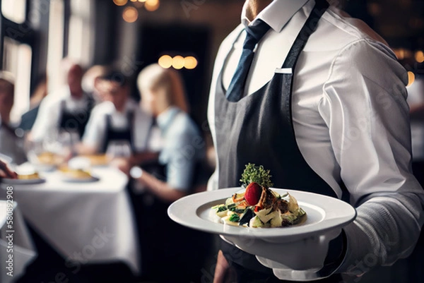 Fototapeta Waiter carrying plates with meat dish on some festive event, party or wedding reception restaurant. Generative AI.