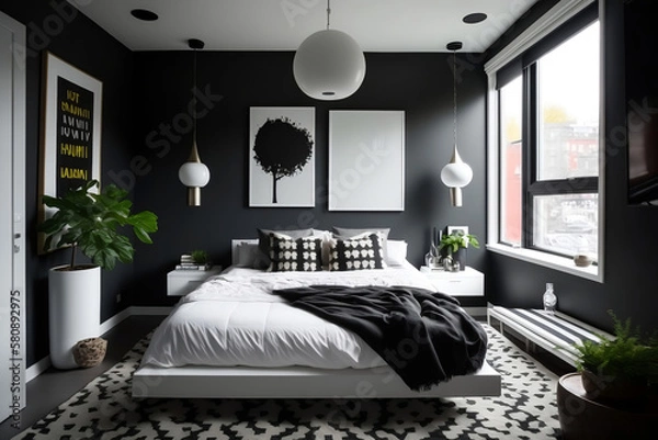Obraz bed room with family, dark bed room, bed room night, empty bed room, bed room wall, room setting, bed setting, bed room, setting generative ai tool
