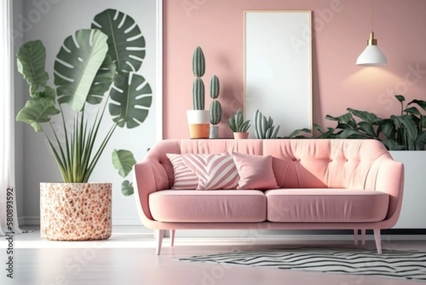 Fototapeta Pink couch between plant and lamp in bright living room interior with patterned wall. Real photo. Generative AI
