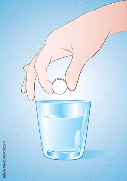 Fototapeta vector illustration of hand putting pills in glass of water