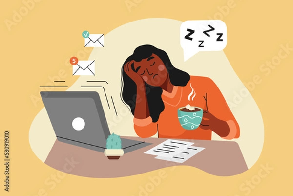 Fototapeta African American Woman is Tired of working on a Laptop. The girl wants to Sleep. She holds a cup of Coffee in her hands and falls Asleep. Vector illustration on the theme of eye health and Fatigue.