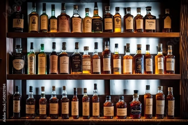 Fototapeta Large Scotch Whisky Variety in Bar. Photo generative AI